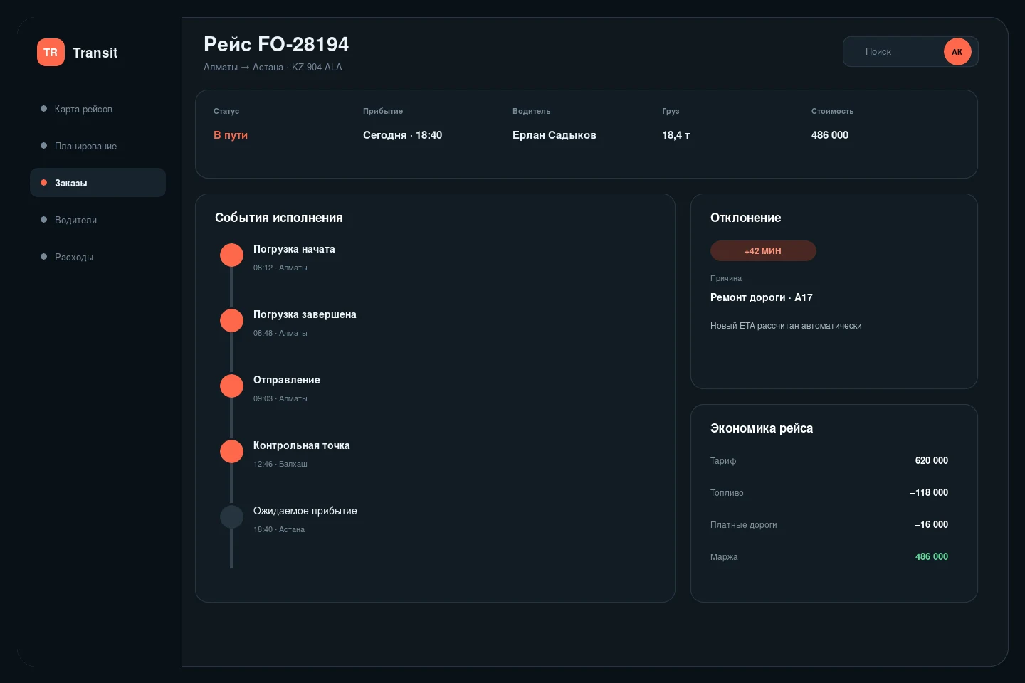 TMS для транспортной компании — Freight order: события исполнения, ETA и экономика рейса